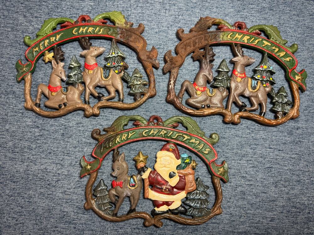 Set of 3 Vintage Merry Christmas Trivet Hot Plate Cast Iron Santa Reindeer Tree